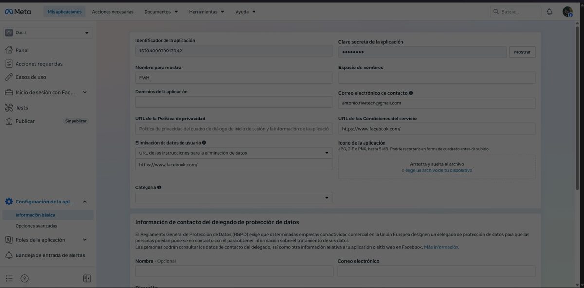 App settings > Basic page of the FWH app, showing its App ID