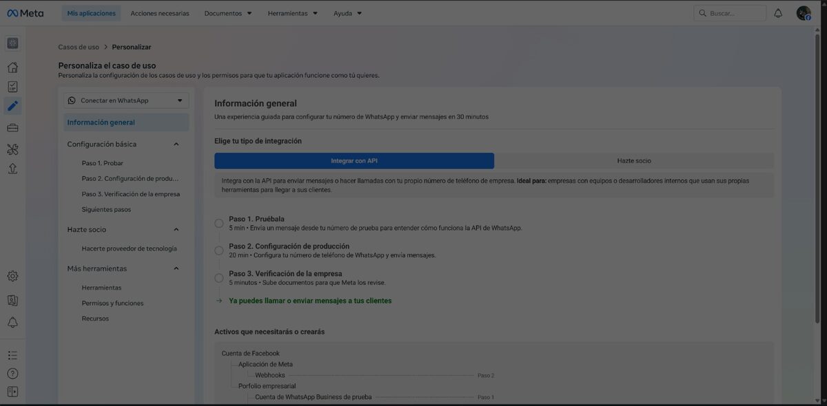 Customize page of the WhatsApp use case, with the Basic setup menu and Step 1. Test