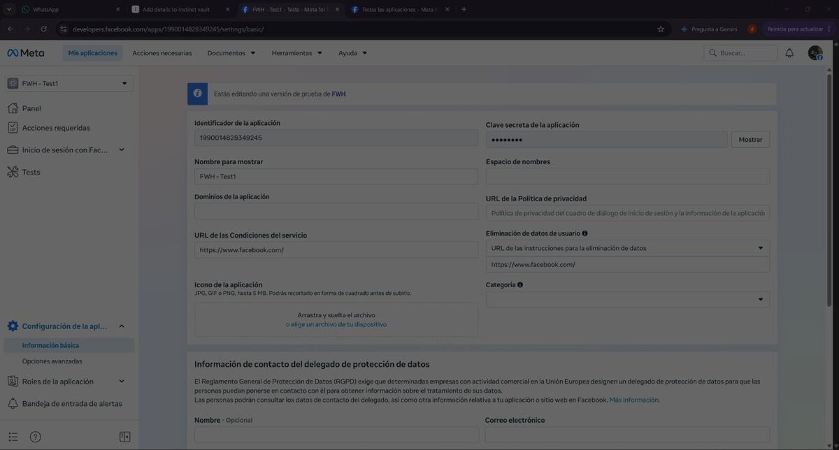 Settings page of the automatically created test version of the app