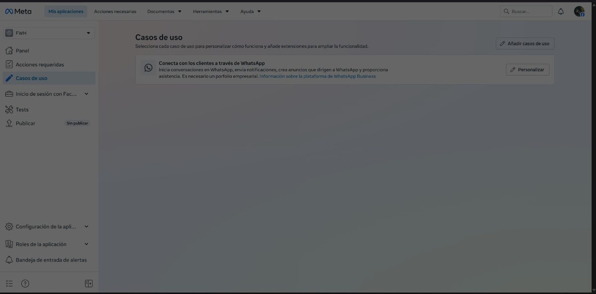 Use cases page with the WhatsApp use case added and the Customize button