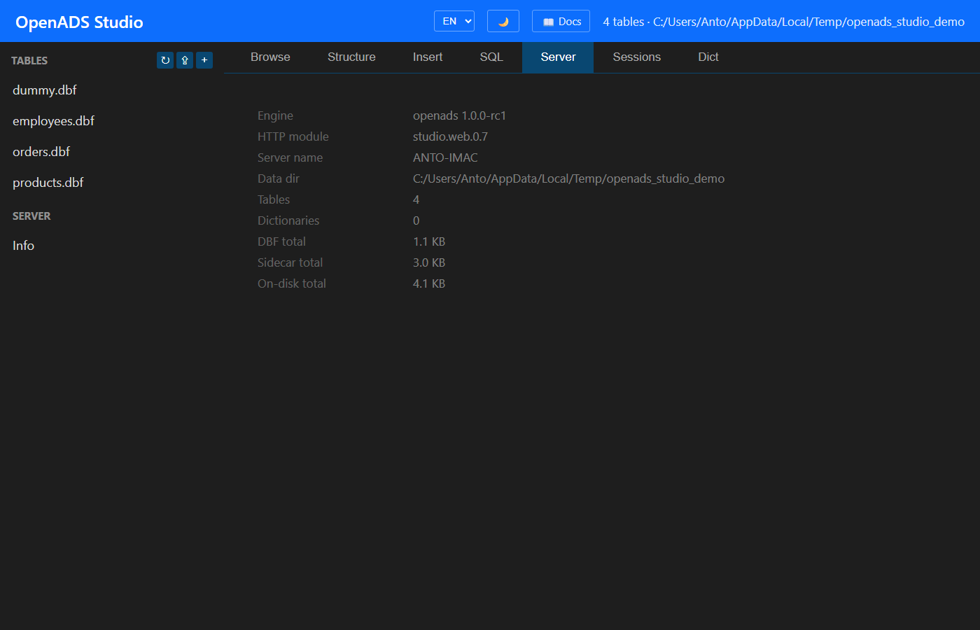 Pestaña Server — info motor + breakdown disco