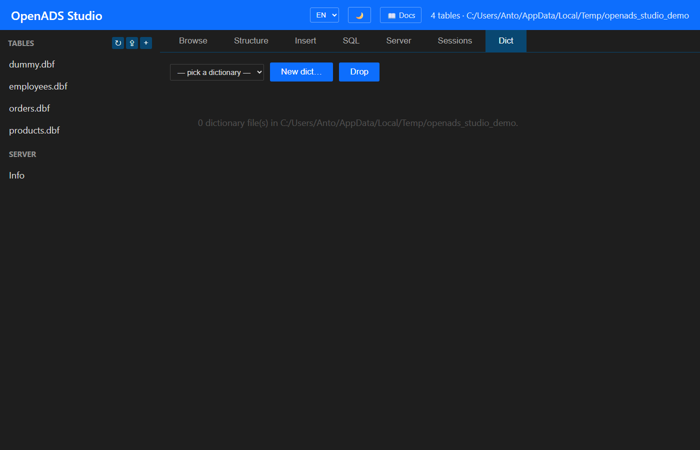 Pestaña Dict — CRUD Data Dictionary